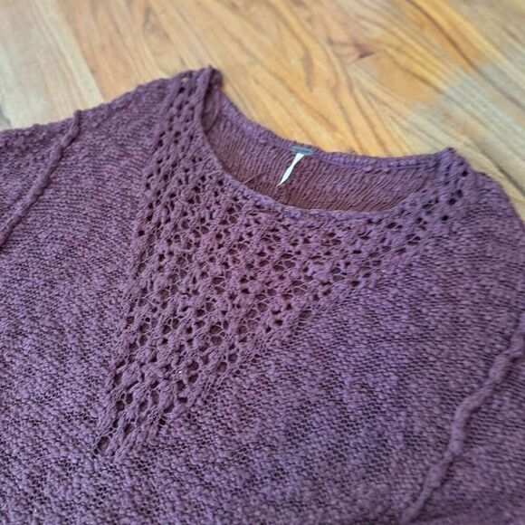 Free People Women Mauve Sheer Front Chunky Knit Pretty Pointelle Vee Sweater Sma - Picture 6 of 9